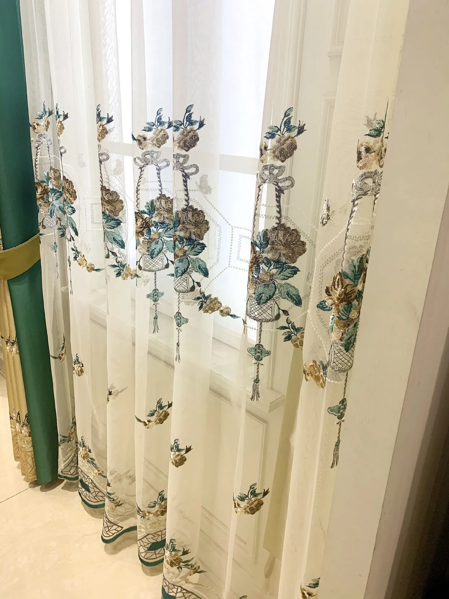 New Chinese Style Peony Gold Yellow Embroidered Window Screen Splicing Curtains for Living Room Bedroom French Window Balcony