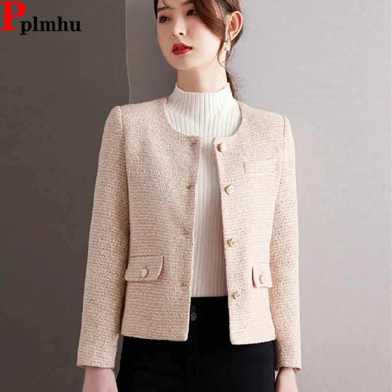 Slim Tweed Wool Blend Short Jackets Elegant Single Breasted Chaquetas Korean Vintage Casual Jaqueta Spring Fall Women Vestes