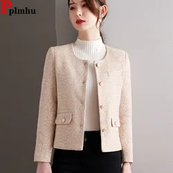 Wąskie tweedowe krótkie kurtki z domieszką wełny eleganckie jednorzędowe Chaquetas koreański Vintage Casual Jaqueta wiosenne jesienne kamizelki damskie