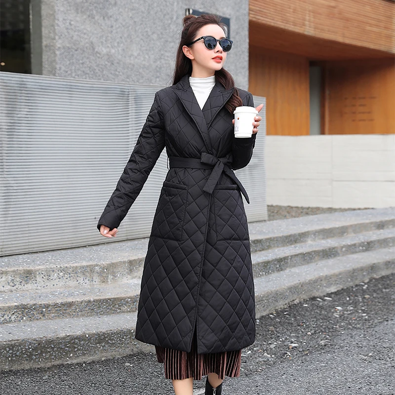 2022Winter Quilted Coats Women Long Parkas Vintage Plaid Loose Belt Jacket Overcoat Female Mid-Length  Outwear пальто женское