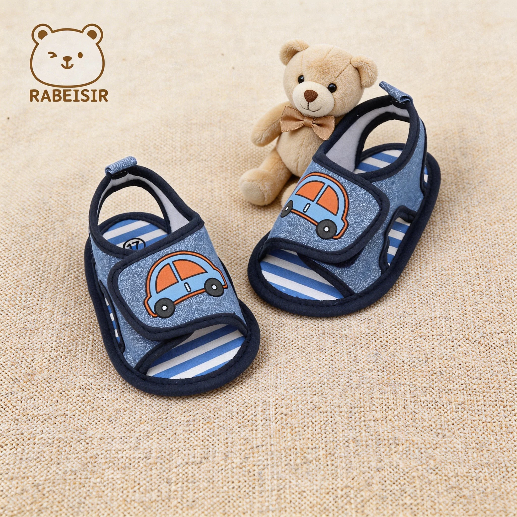 0-18 Months Baby Boy Shoes Cartoon Car Print Velcro Open-Toe Soft Sole Walking Shoes