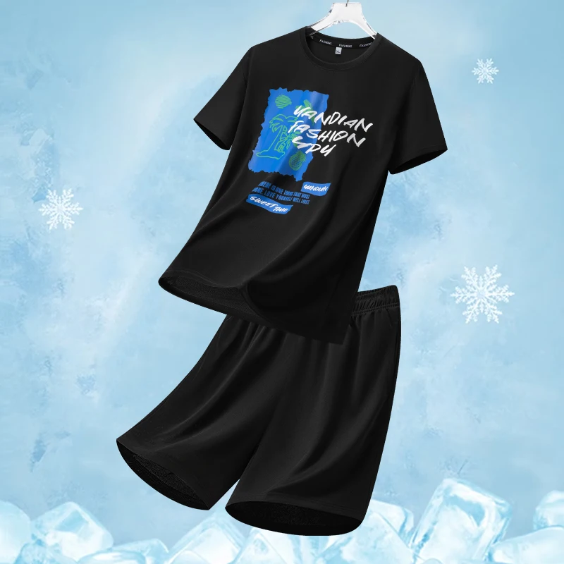 

New Quick Dry Gradient Short Sets Men Printed Ice Silk Sports Short Sleeve Tshirt Shorts Set Round Neck Men's Summer Tracksuit