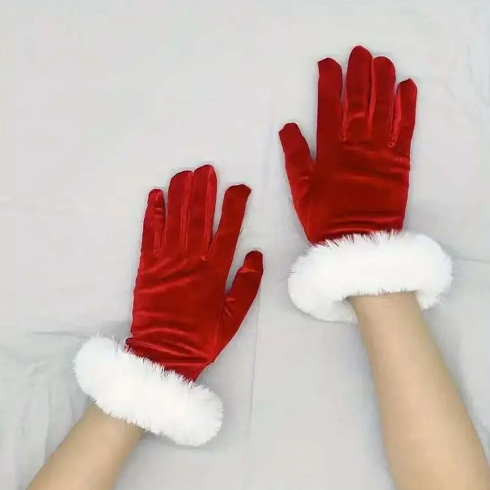 

Fashion with Faux Fur Trim Christmas Red Gloves Short Holiday Mitten Soft Velvet Gloves for Evening Events