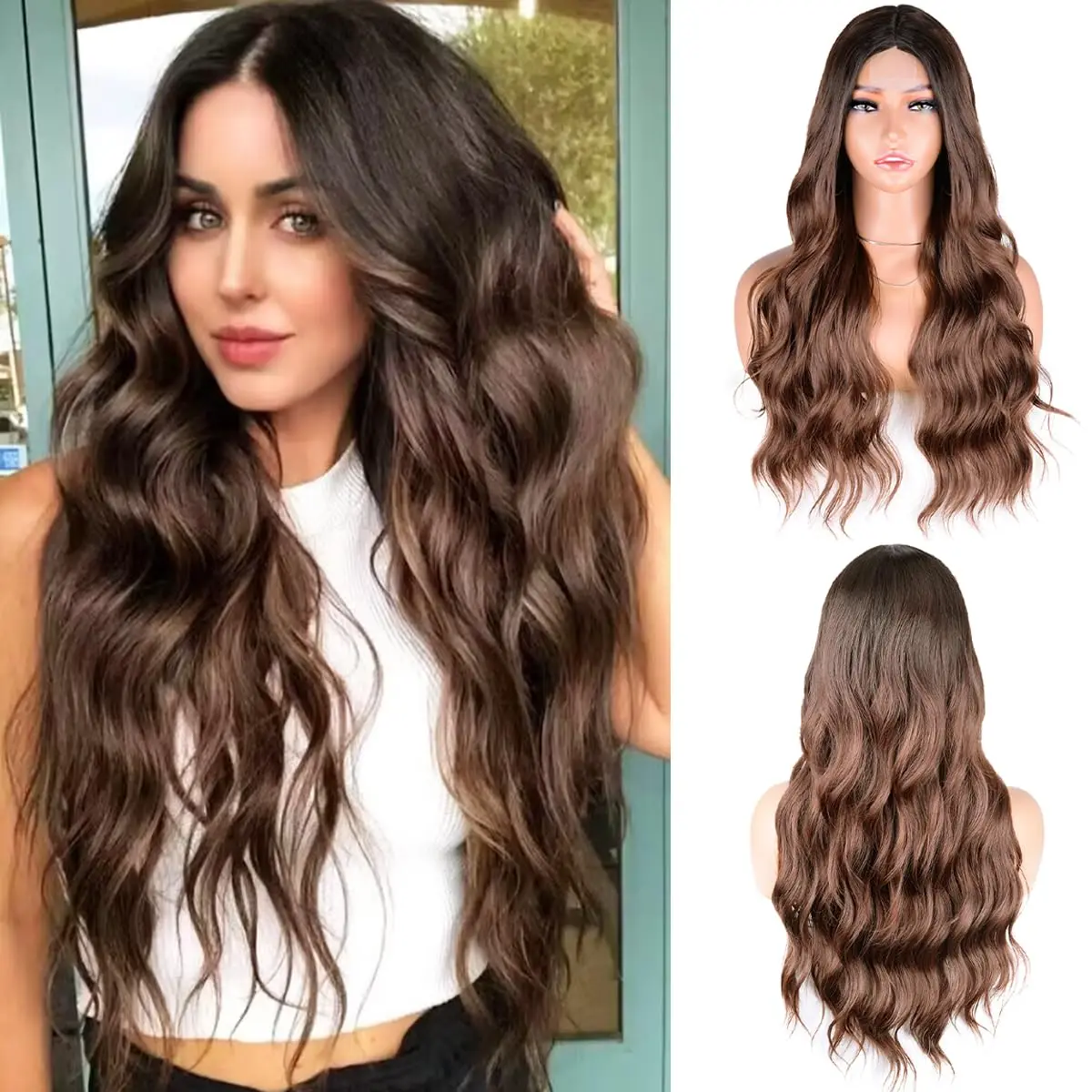 Long Ombre Brown Wavy Syntheic Wig for Women Middle Part Curly Wig Synthetic Heat Resistant Fiber Wig for Daily Party Use