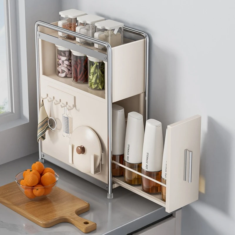 

Pull Out Seasoning Cabinet Kitchen Narrow Countertop Spice Holder Space Saving Bottle Storage Shelf Multifunctional Organizer