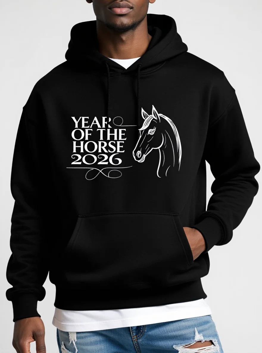 

Мужская толстовка с капюшоном Year of the Horse 2026, черное золото, свободный крой, осень/зима