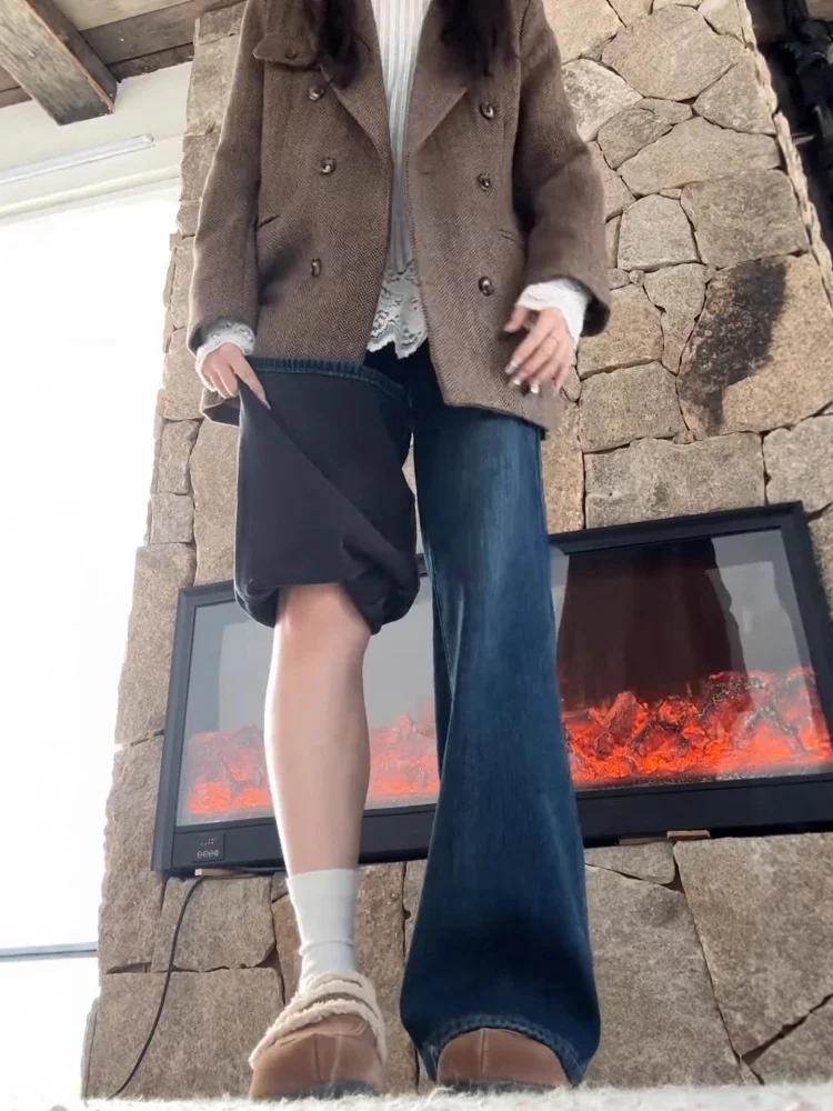 플러스 사이즈 딥 블루 안감 부츠컷 청바지 여성용 가을 겨울 하이웨이스트 슬림 와이드 레그 팬츠 캐주얼 웨어