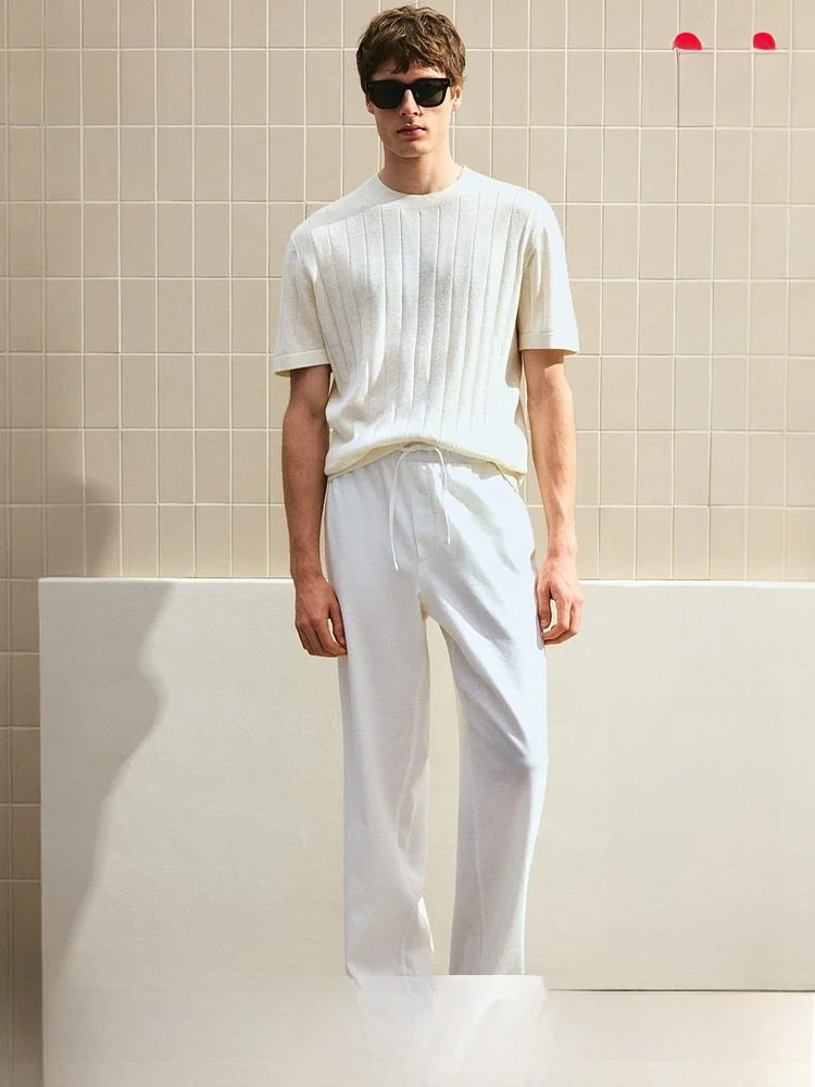 

H&M Men's Knitted T-irt Stand Fit ort Sve round Ne Pure Color Linen 50% Polyester 50% Autumn 2025 New Arrival