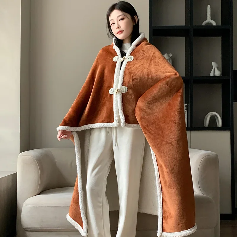 125X160Cm Flannel To Sherpa Solid Shawls Thickened Wearable Hooded Blanket Cloak Super Soft Skin-Friendly Office Sofa Blanket