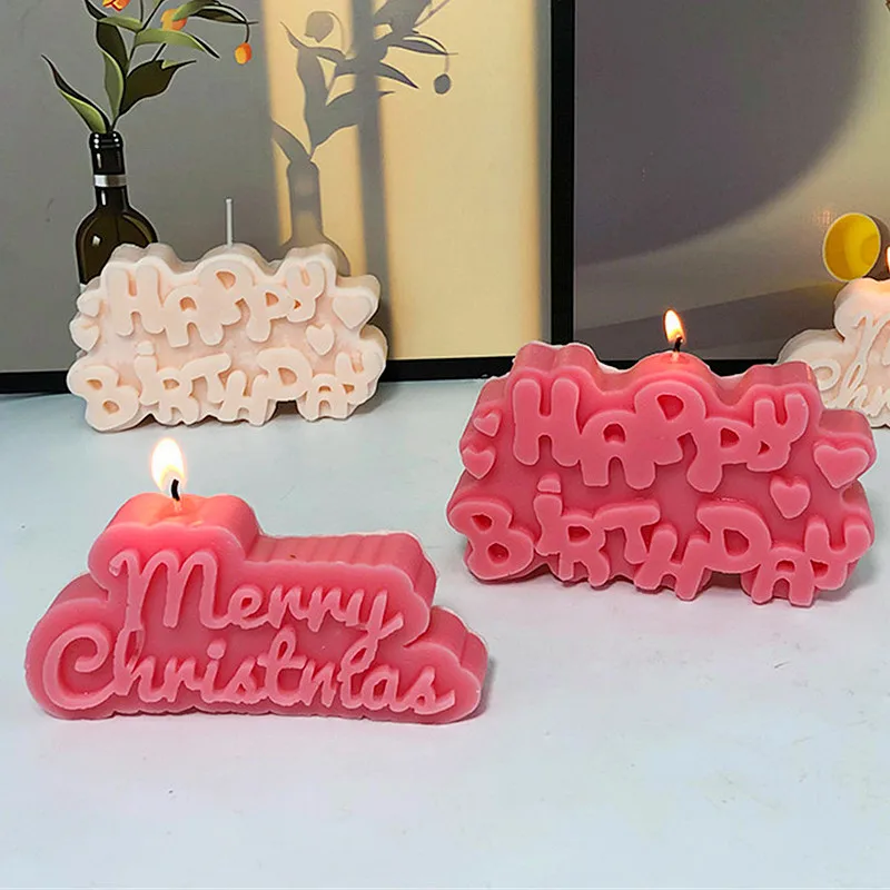 

3D Christmas Candle Silicone Mold DIY English Letters Happy Birthday Aromatherapy Candles Gypsum Cake Decorative Baking Supplies