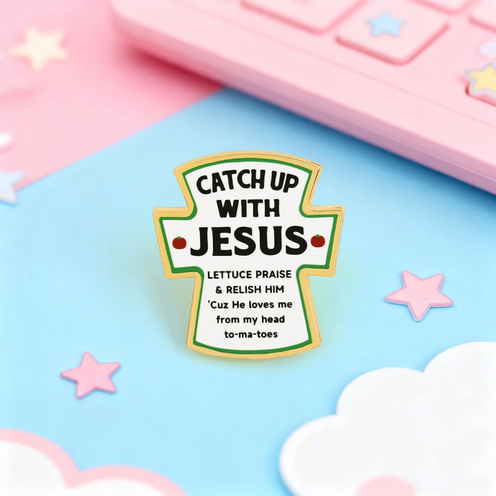 Catch Up With Jesus Kreuz-Brosche Christlich Humorvolle Salat-Tomaten-Wortspiel Emaille-Anstecknadel Religiöser Glaubens-Anstecker für Kleidung – Detail 9