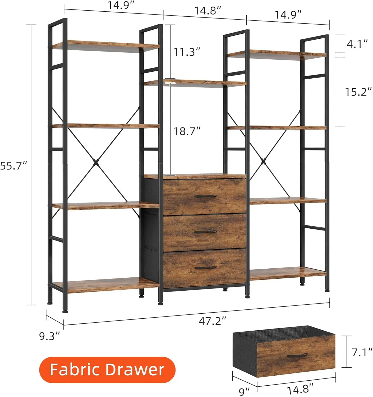 kshelf with 3 Drawers, Wide 4-Tier Book Shelf and 10 Display Shelves, Industrial Large Bookcase for Home & Office, Rustic Brown