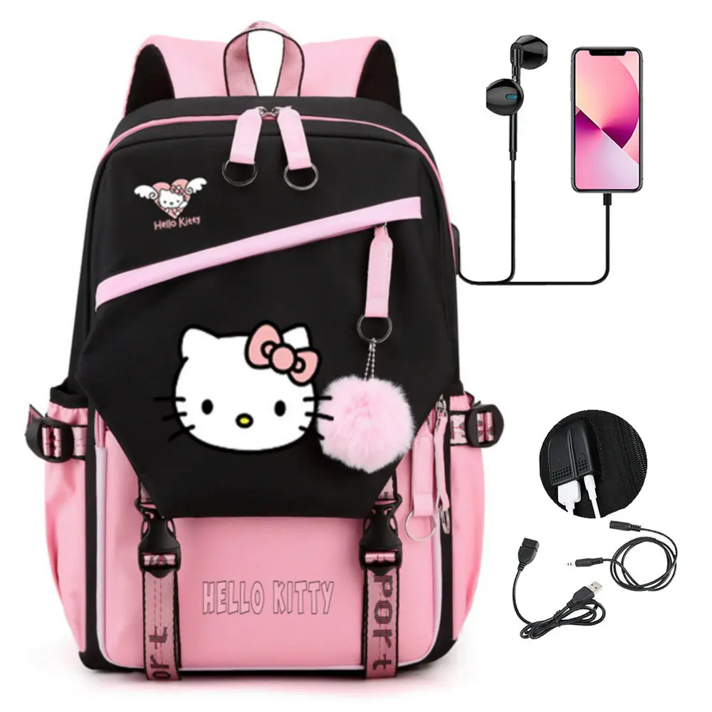 

Рюкзаки Hello Kitty, корейская версия, USB-ноутбук, дорожная школьная сумка, школьная сумка для школьников, большая вместительная лоскутная сумка