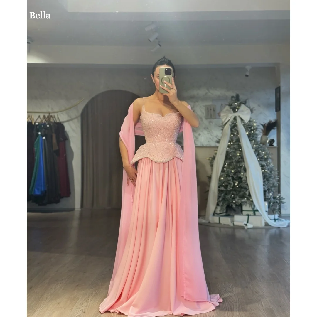 

Bella Customized Light Pink Spaghetti Strap Sequin Prom Dress Chiffon Party Dresses Flared Elegant Formal robes de soirée 2025