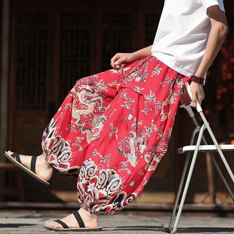 Men Ethnic Dragon Print Bloomers Skirts Pants Male Boy Trendy Fashion Drawstring Harem Pants Relax Casual Summer Cargo Sweatpant