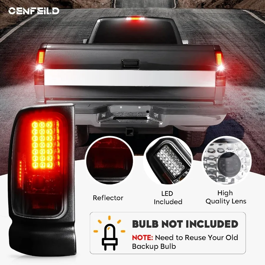 مجموعة مصابيح خلفية LED + مصباح بضائع الفرامل الثالث الثالث مناسب لـ 1994-2001 دودج رام 1500، لـ 1994-2002 دودج رام 2500 3500 خلفي T
