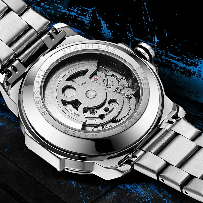 ABORNI 9039 Unique Design Skeleton Dial Tourbillon Men Watch Stainless Steel Waterproof Luxury Automatic Mechanical Men's Watch view 3