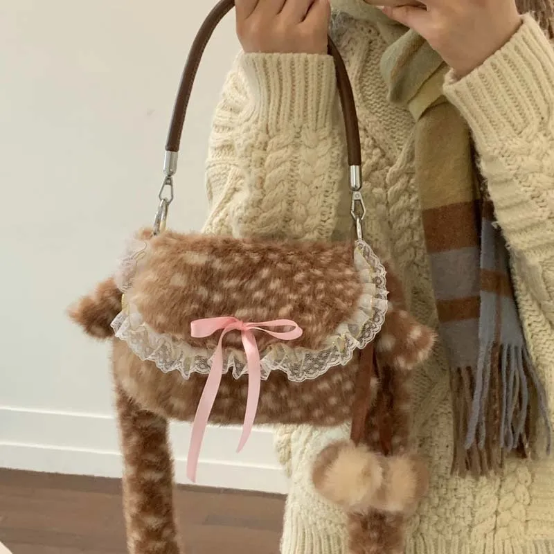 Autumn Winter Plush Spotted Deer Shoulder Bag Cute Bow Lace Trim Fluffy Handbag Retro Simple Soft Deer Ears Crossbody Bags