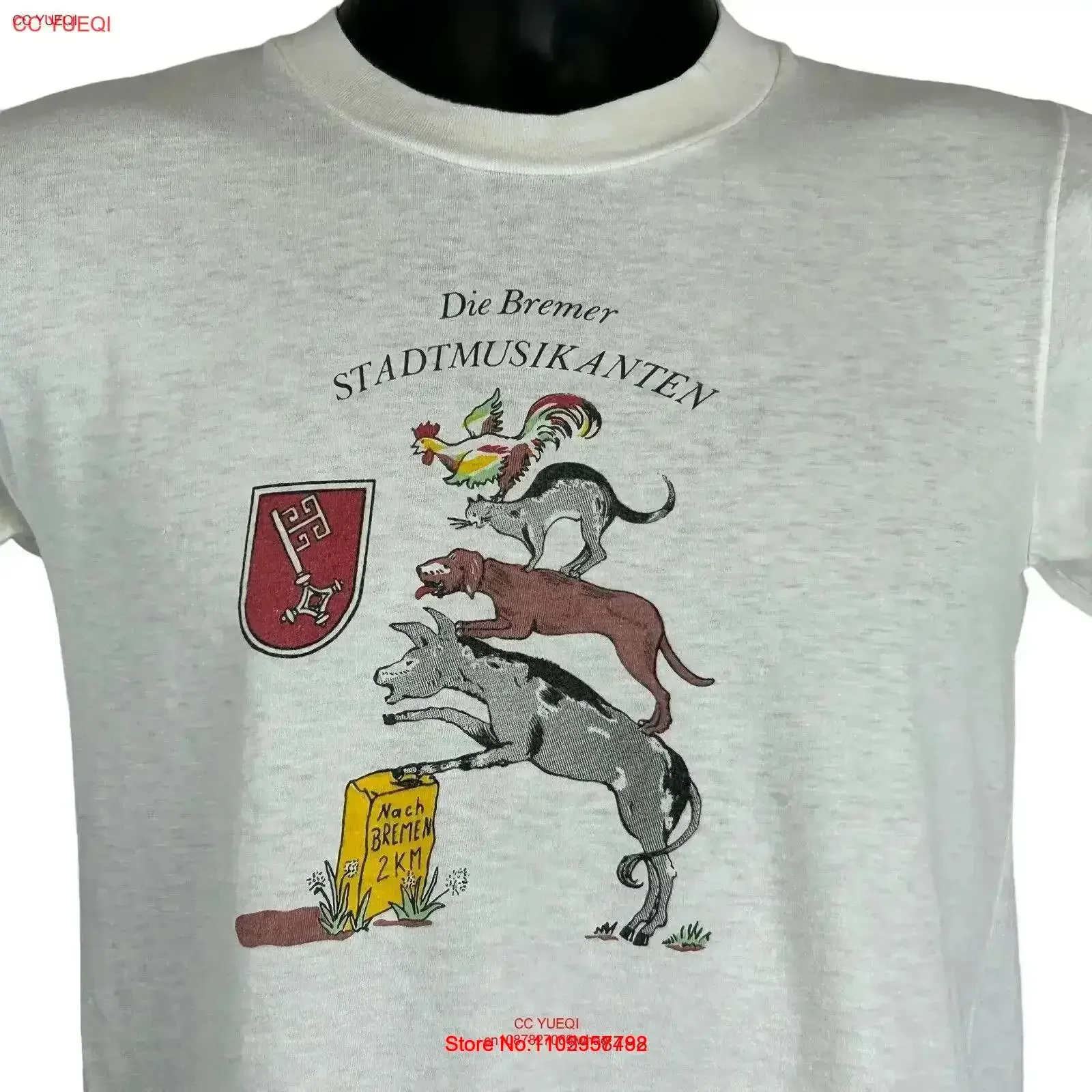 Die Bremer Stadtmusikanten Vintage 80s T Shirt X Small Brothers Grimm Mens White vintage Washed Slightly Stretched