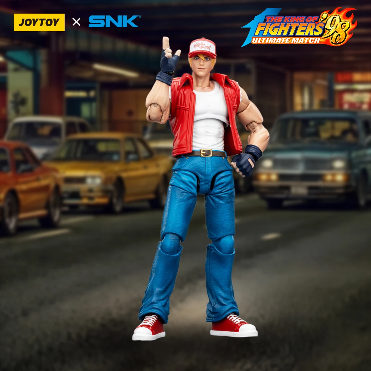 Figurine d'action JOYTOY SNK KOF 98 Terry Bogard, personnage de jeu articulé Fatal Fury à l'échelle 1/18 avec accessoires d'effets