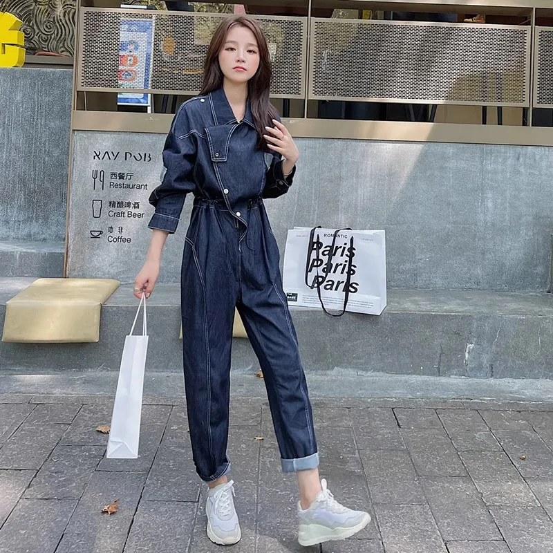 2025 ฤดูใบไม้ผลิฤดูใบไม้ร่วงใหม่ DENIM Jumpsuit ผู้หญิงลําลองหลวมเอวแสดง Slim Workwear แขนยาว Overalls ยาวกางเกงกางเกงยีนส์