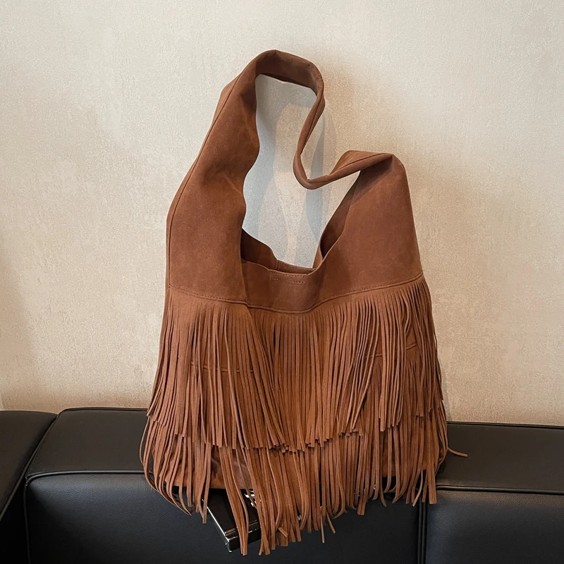 

Women Frosted Slouchy Hobo Bag Faux Suede Tassel Shoulder Bag Large Capacity Travel Tote Handbag Ladies Commute Bag
