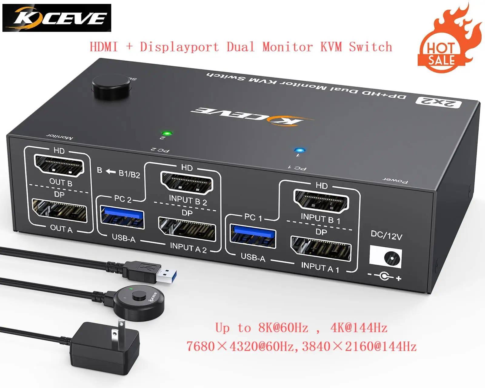 

4K@144Hz KVM Switch 2 Monitors 2 Computers 8K@60Hz,KCEVE HDMI and Displayport Dual Monitor KVM Switch with 4 USB 3.0 Port