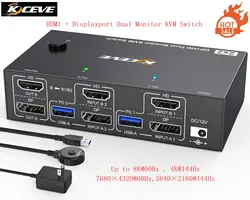 4K@144Hz KVM Switch 2 Monitors 2 Computers 8K@60Hz,KCEVE HDMI Displayport Dual Monitor KVM Switch with 4 USB 3.0 Port