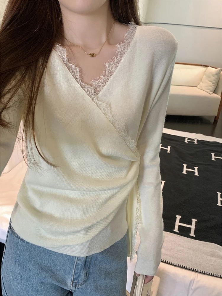 

Sexy Knitted Sweater Women Lace Patchwork Irregular Hem Long Sleeve French Design Cross Neck Autumn Versatile Inner Top