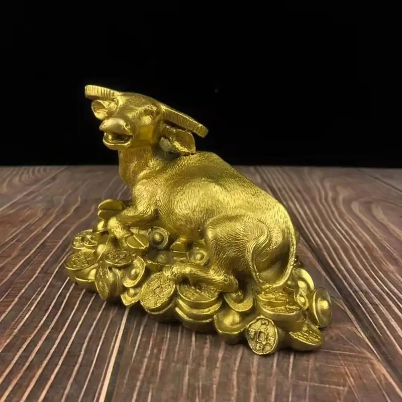 Brass Money Figurine, Calf Bronze , Reclining Cow Office Decoration