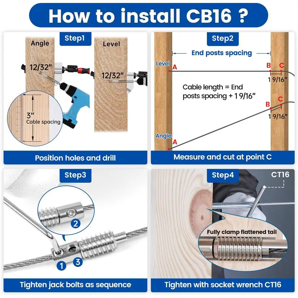 Kit de barandilla de cable invisible Casquillos tensores Solución de esquina de acero inoxidable Nivel 4x4 en ángulo T316 Reutilizable sin botín Paquete de 20