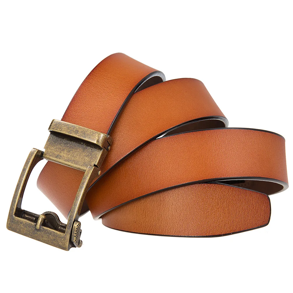 Plyesxale 3.5cm Width Red Brown Leather Belts For Men Retro Style Brand High Quality Automatic Ratchet Casual Jeans Belts B11