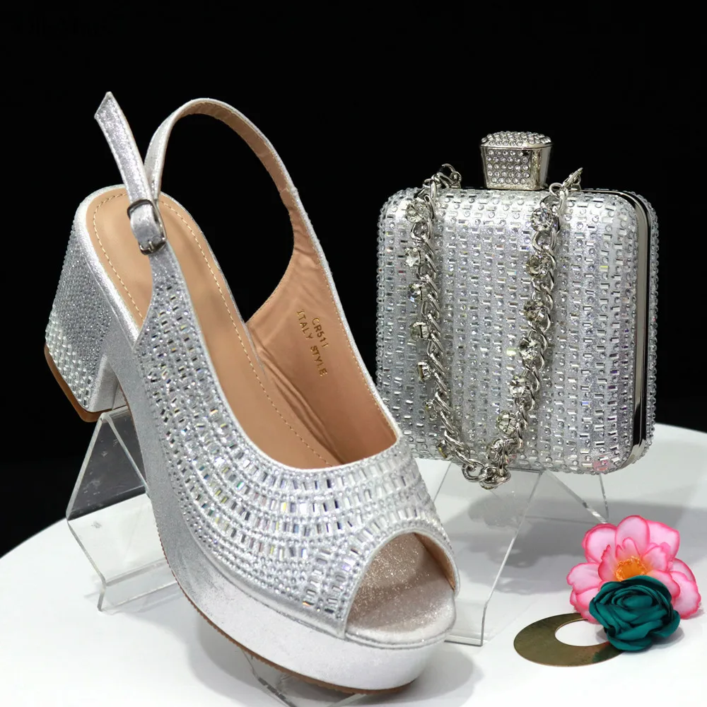 Latest Nigerian Rhinestone Party Women Shoes And Bag Set Italian Style Summer High Heels Shoes And Bags Set For Evening Party