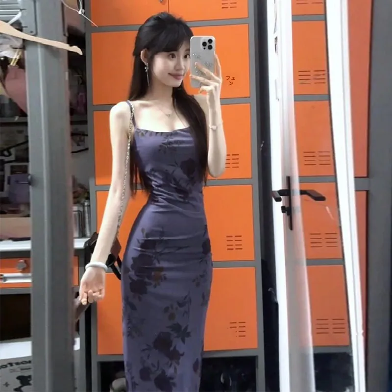 Ele Long Floral Print ter Dr Purple Bal Me Skirt Slim Fit Women's Summer Faion Casual Svel Gown