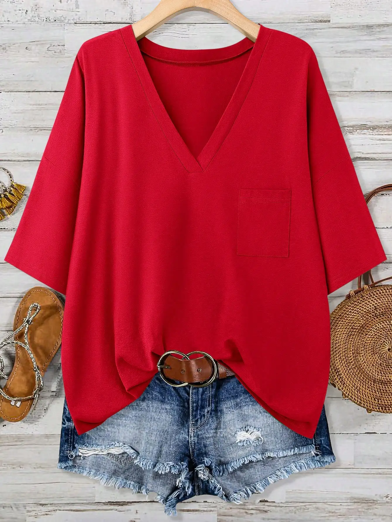 

Red Oversized V-Neck T-Shirt Loose Fit Casual Summer Festival Top