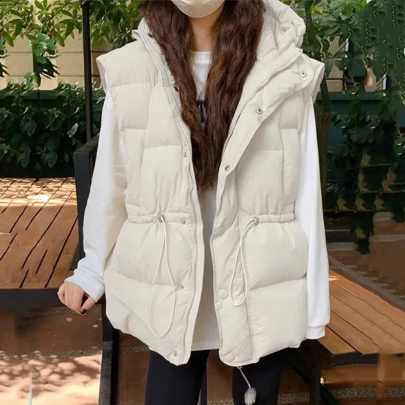 2024 Fashion Winter Hooded Vest Warm Women Puffy Sleeveless Jackets Thicken Down Cotton Chaleco Fashion Adjustable Waist Waistco