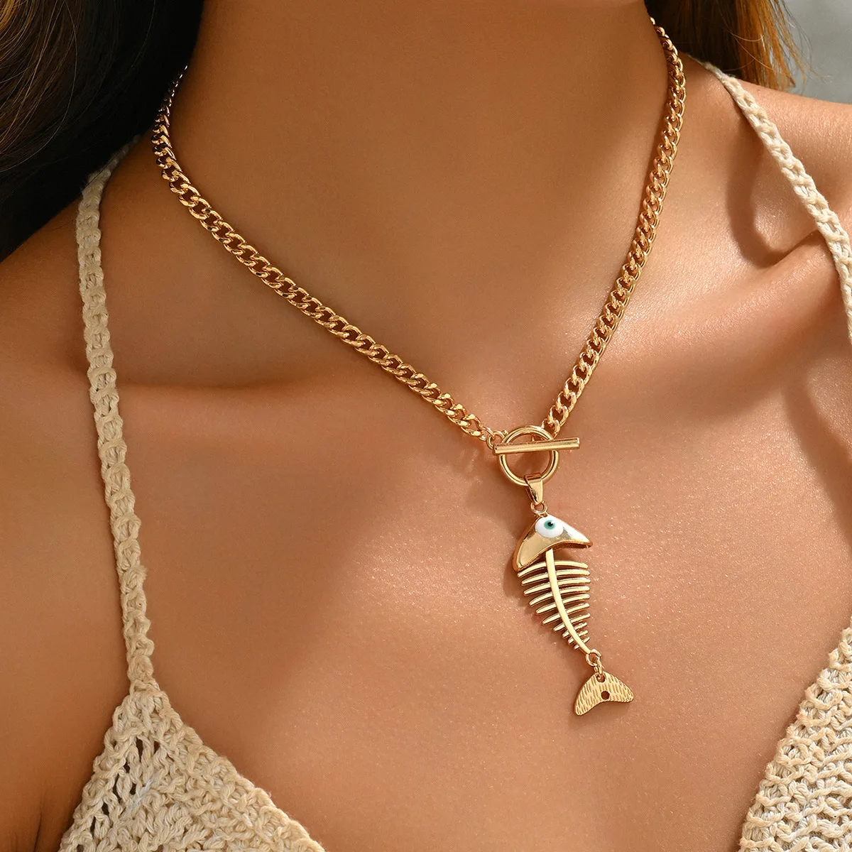 Hip Hop Ins Style Fish Bone Pendant Necklace Women Summer Wearing Niche Fashion Jewelry Holiday