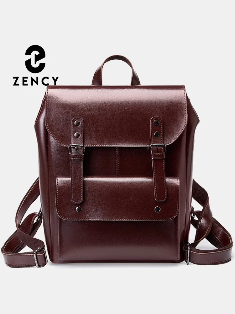 

Zency England Style Genuine leather Women Travel Backpack Large Capacity For 14 inch Laptop Preppy Style Rucksack Wear Resistant