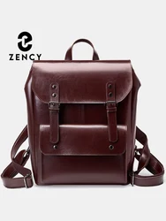 Zency England Style Genuine leather Women Travel Backpack Large Capacity For 14 inch Laptop Preppy Style Rucksack Wear Resistant