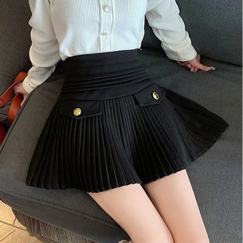 Autumn Winter Pleated A-Line Skirts High Waist Elegant Women's Clothing Korean Fashion Spliced Basic Solid Color Mini Skirts New