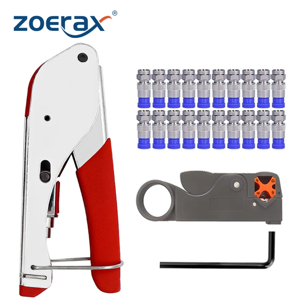 ZoeRax Kit kabel Coax 3-in-1, pengerut kabel koaksial, pengupas kawat dengan 20 buah konektor RG6 tipe-f, dapat disesuaikan untuk RG59/6/11/7