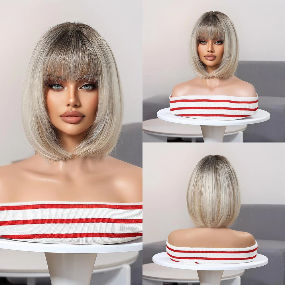 วิกผมบ๊อบสั้นตรงแบบสังเคราะห์คุณภาพสูง ขนาด 10 นิ้ว พร้อมหน้าม้า ทนความร้อนได้ดี เหมาะสำหรับผู้หญิง ใช้ได้ทุกวันและงานปาร์ตี้