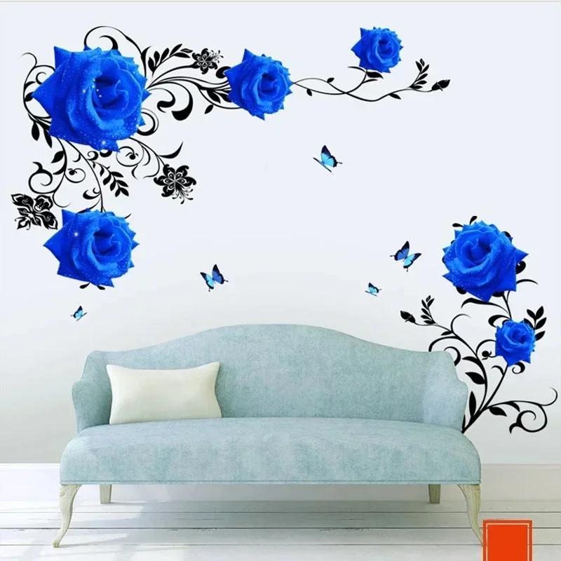 DIY Large Blue Rose Flower Living Room Decorative Wall Sticker Sofa TV Porch Background Wall Decal Removable Vinyl Poster
