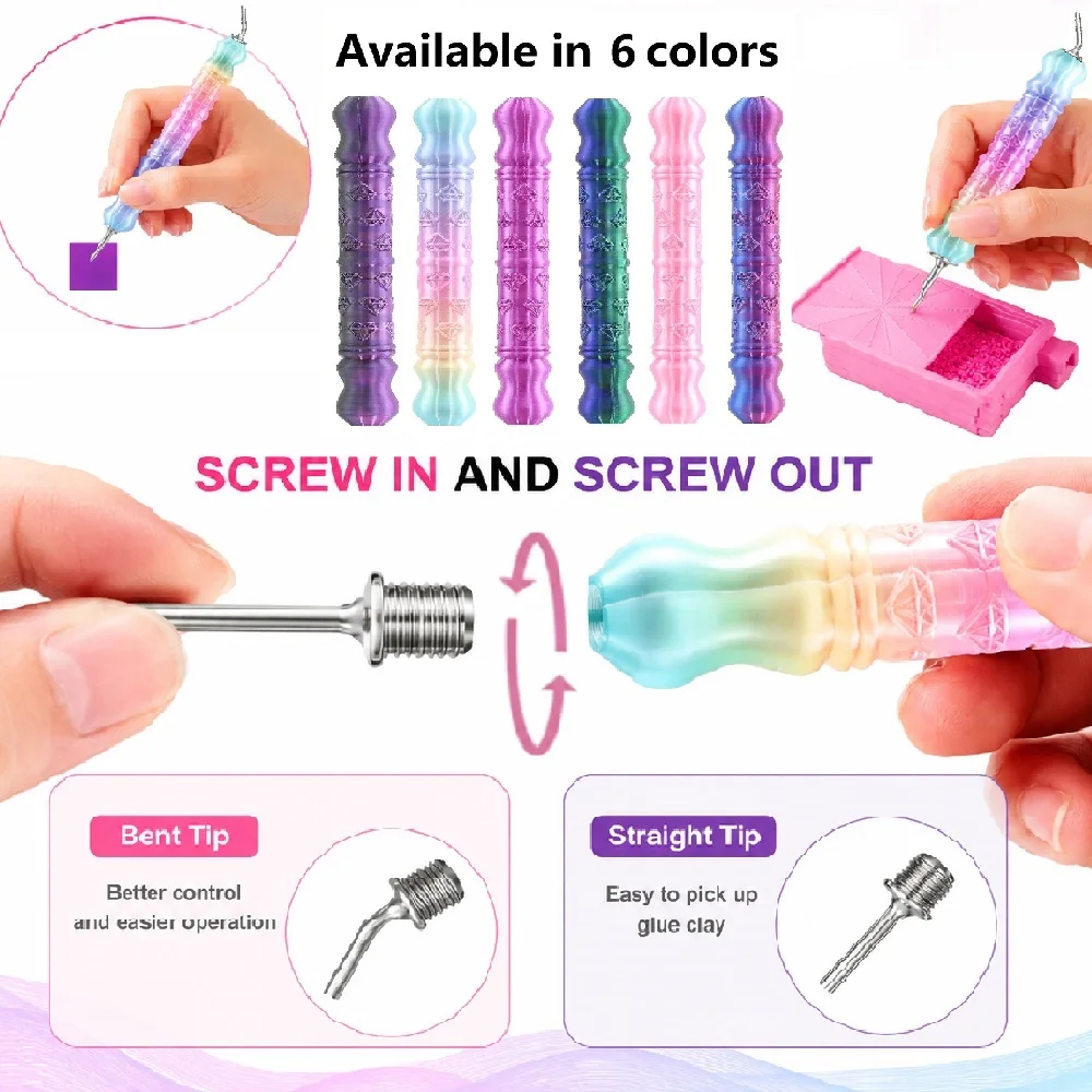 3D Diamond Pattern Dotting Pen Tool Accessory Set, Includes 1 Stainless Steel Bent Tip Fine Tube, 1 Stainless Steel Straight Tip Fine Tube, 10/15 Dotting Tips, Suitable for Adult DIY Diamond Painting Accessories view 3