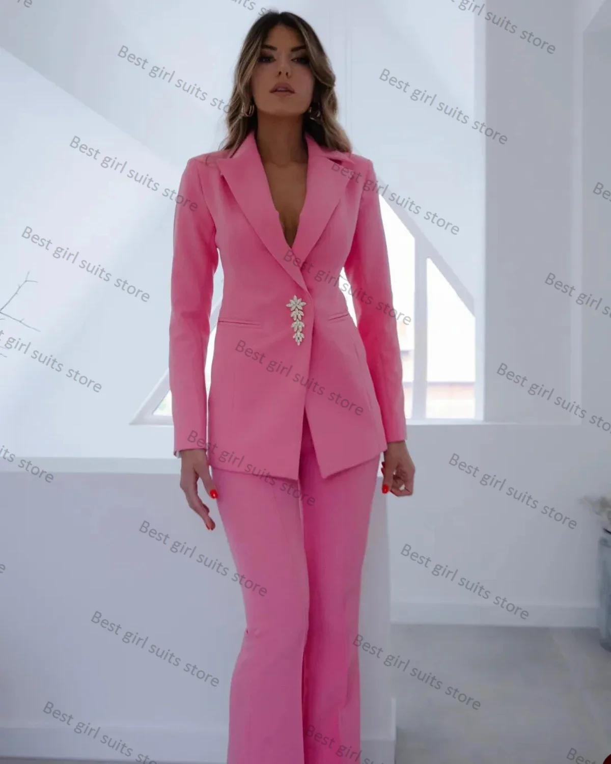 

Pink Elegant Women Suit Pants Set 2 Piece Jacket+Trouser Formal Blazer Wedding Tuxedo Tailored Business Office Lady Coat