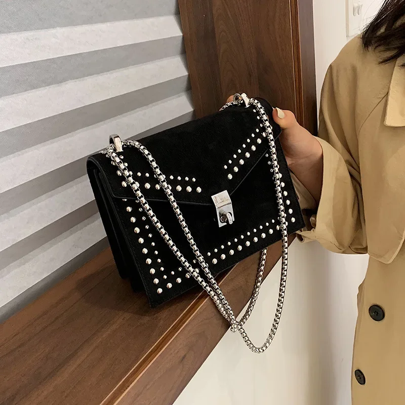 Scrub Leather Brand Designer Shoulder Simple Bags For Women  Chain Rivet Luxury Crossbody Bag Female Fashion Small Handbags