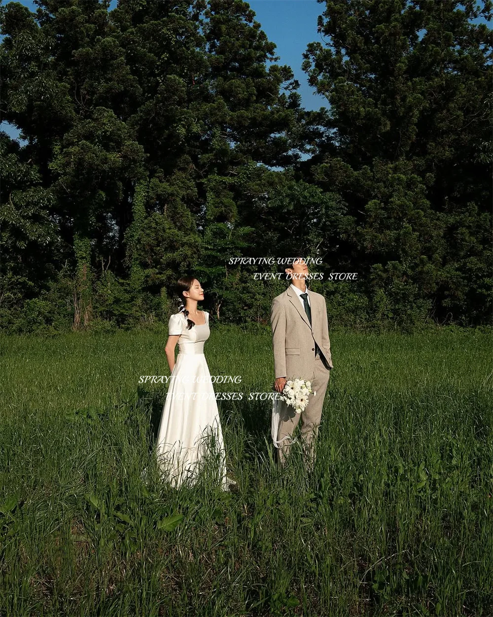 الرش بسيط العاج الساتان الزفاف صورة تبادل لاطلاق النار فستان ساحة طوق قصيرة الأكمام كوريا زي العرائس مشد طويل ستناء Dersس مخصص