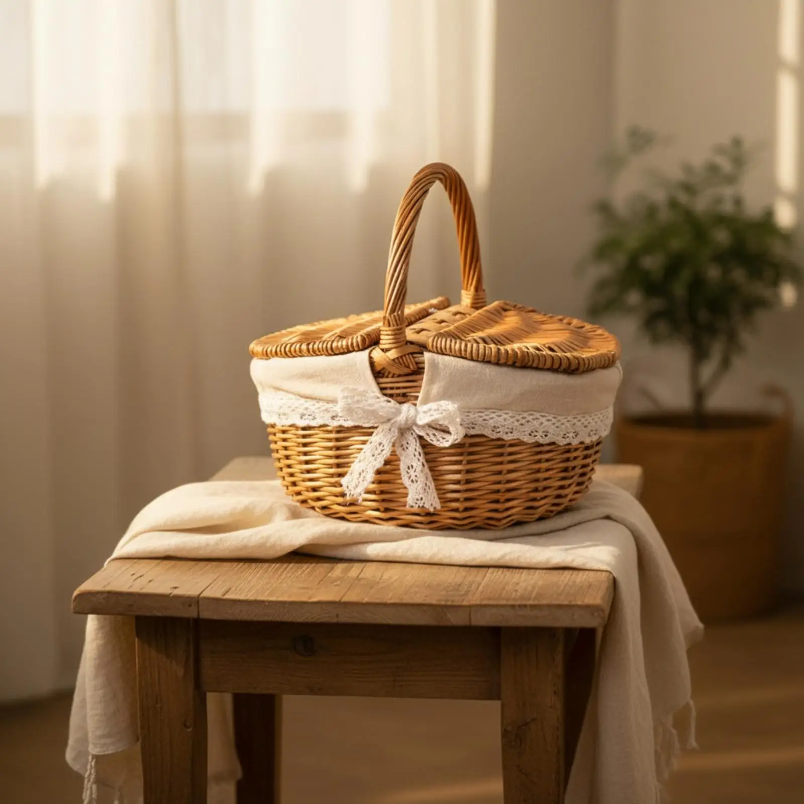 Braided Vine Basket with Linen Lining for Bread Serving and Household Tidy Storage