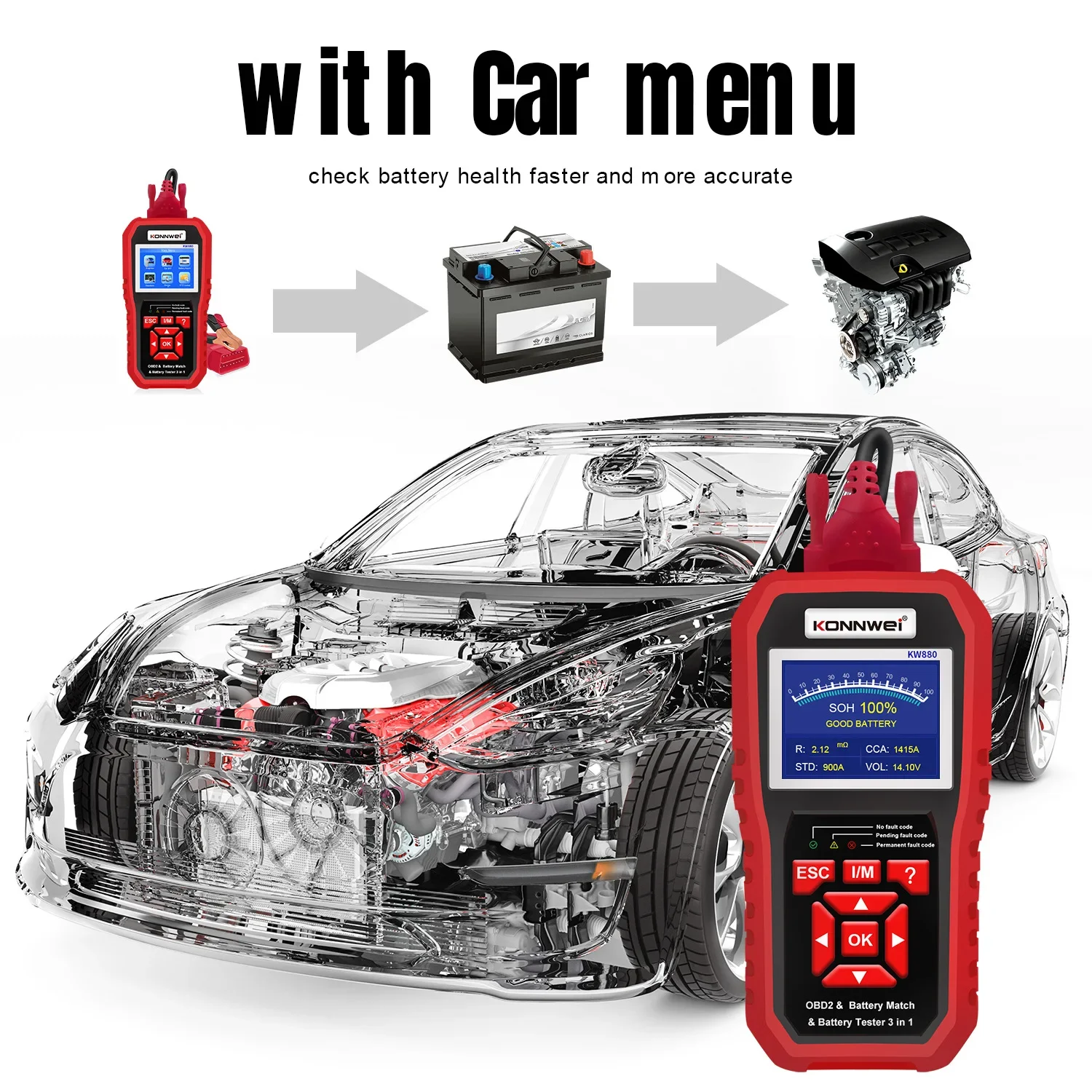 KOWWEI STABLE Universal  KW880 Car Battery Match Car OBDII Diagnostic Fault Scanner & Battery Tester for 6V-12V Motorcycle Ba