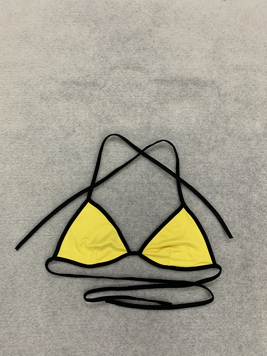 Y2K Gelb-Schwarz Verzierter 3-Teiliger Badeanzug, Neckholder-Bikini, Kurzarm-Crop-Top, Unterteil mit Bindeband, Sommer-Strandparty-Badeanzug für Damen – Detail 6